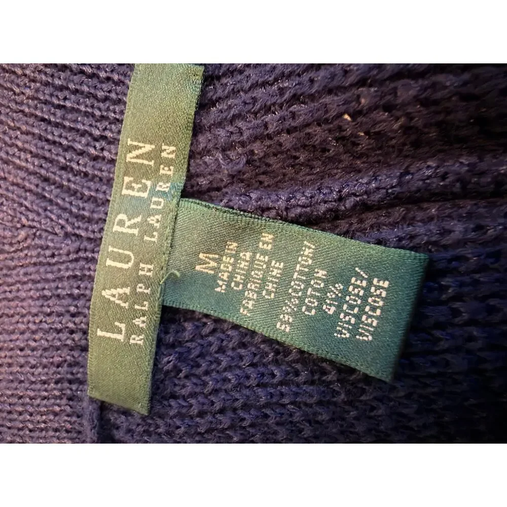 Lauren Ralph Lauren Open Front Cardigan Sweater Navy Blue Size M Knit 3/4 Sleeve